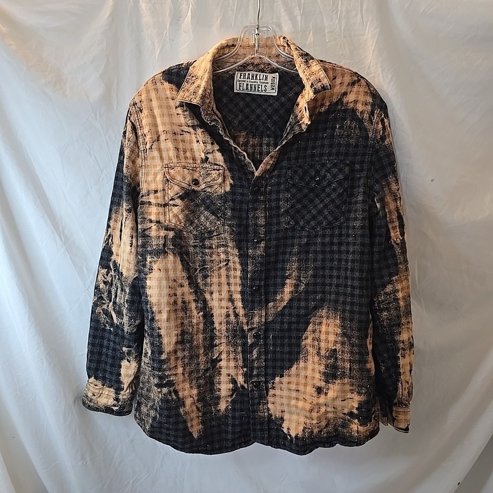 Franklin Flannels Shirt MensM Black Orange Abstract Upcycled Pearl Snap Tie Dye - Picture 2 of 13